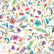 将图片加载到图库查看器，Australiana Fabrics Fabric 1 metre / Cotton Sateen / Cream Watercolour Peacock Feathers and Flowers
