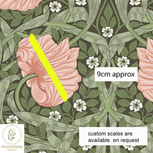 Load image into Gallery viewer, Australiana Fabrics Fabric 1 metre / Cotton Sateen / Large William Morris Pimpernel Olive Green &amp; Peach
