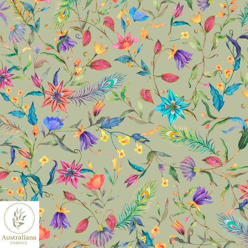 Australiana Fabrics Fabric 1 metre / Cotton Sateen / Sage Green Watercolour Peacock Feathers and Flowers