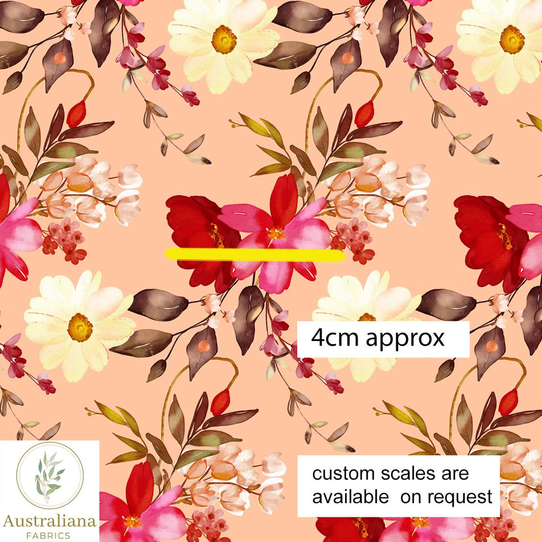 Australiana Fabrics Fabric 1 metre / Cotton Sateen / small Watercolour Floral Song Peach