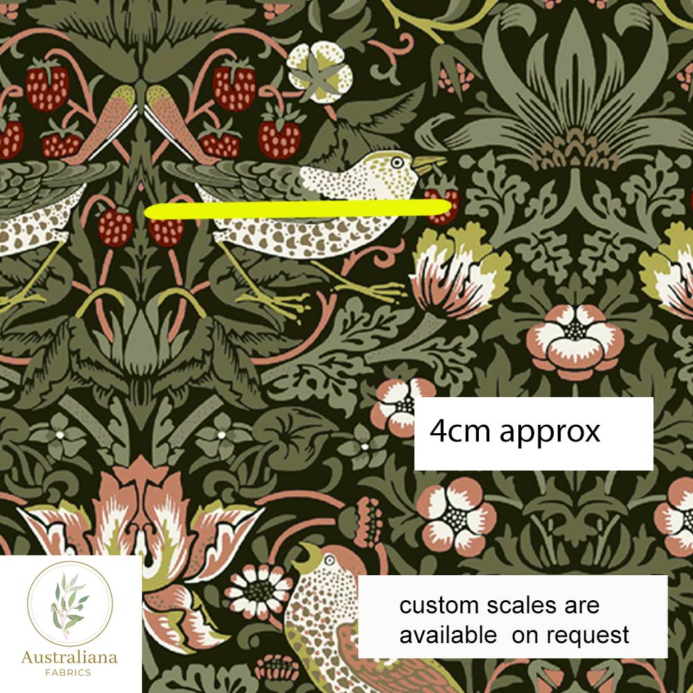 Australiana Fabrics Fabric 1 metre / Cotton Sateen / Small William Morris Strawberry Thief ~ Sage Green