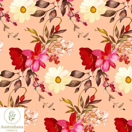 Australiana Fabrics Fabric 1 metre / Cotton Sateen Watercolour Floral Song Peach