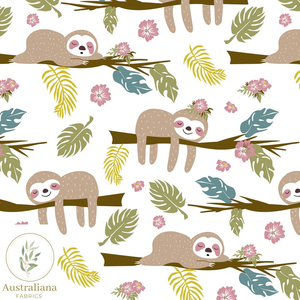 Australiana Fabrics Fabric 1 metre / Cotton Sateen / White Sleeping Sloths