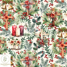 将图片加载到图库查看器，Australiana Fabrics Fabric 1 metre / Cream / Cotton sateen Christmas Christian Crosses &amp; Bells
