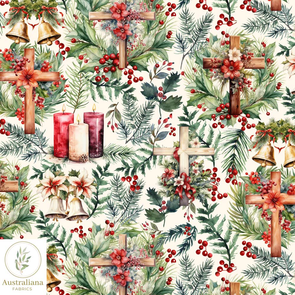 Australiana Fabrics Fabric 1 metre / Cream / Cotton sateen Christmas Christian Crosses & Bells