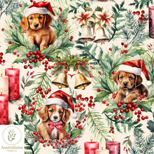 Load image into Gallery viewer, Australiana Fabrics Fabric 1 metre / Cream / Cotton sateen Christmas Puppies
