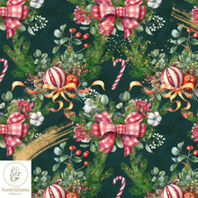 Load image into Gallery viewer, Australiana Fabrics Fabric 1 metre / Green / Cotton sateen Christmas Candy Canes &amp; Baubles
