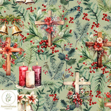 将图片加载到图库查看器，Australiana Fabrics Fabric 1 metre / Green / Cotton sateen Christmas Christian Crosses &amp; Bells
