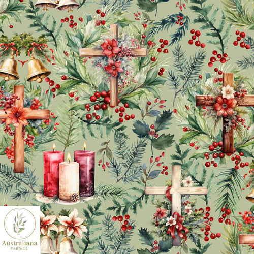 Australiana Fabrics Fabric 1 metre / Green / Cotton sateen Christmas Christian Crosses & Bells