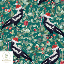 Load image into Gallery viewer, Australiana Fabrics Fabric 1 metre / Green / Cotton sateen Christmas Magpie Songs
