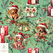 Load image into Gallery viewer, Australiana Fabrics Fabric 1 metre / Green / Cotton sateen Christmas Puppies
