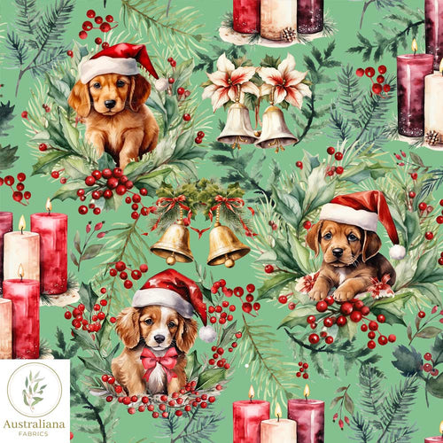 Australiana Fabrics Fabric 1 metre / Green / Cotton sateen Christmas Puppies