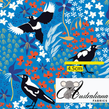 Load image into Gallery viewer, Australiana Fabrics Fabric 1 metre Merry Magpies on Blue
