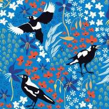 Load image into Gallery viewer, Australiana Fabrics Fabric 1 metre Merry Magpies on Blue
