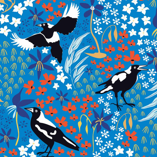 Australiana Fabrics Fabric 1 metre Merry Magpies on Blue