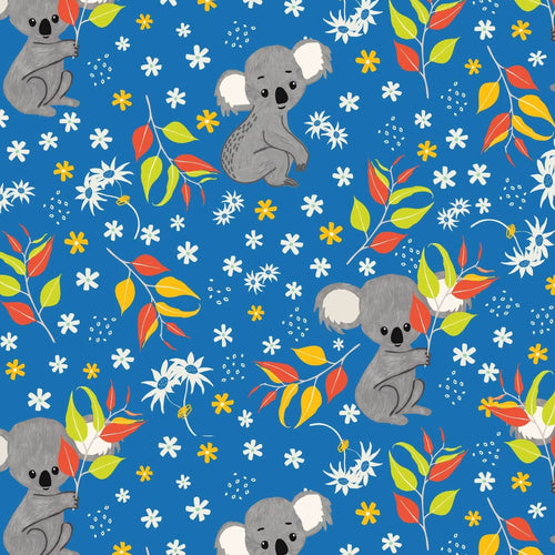Australiana Fabrics Fabric 1 Metre / Premium woven 100% cotton sateen 150gsm Koala calypso Fabric on Blue~ Australian made