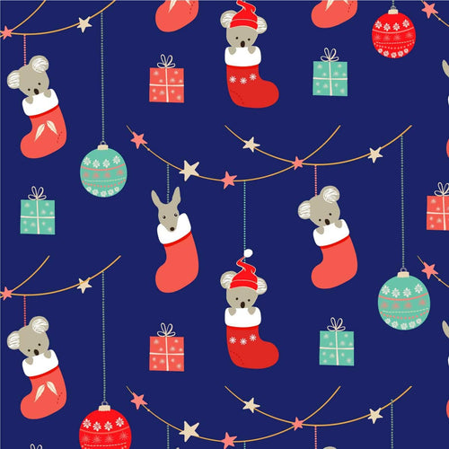 Australiana Fabrics Fabric 1 Metre / Premium woven 100% cotton sateen 150gsm Koala & Kangaroo Christmas Stockings Fabric blue