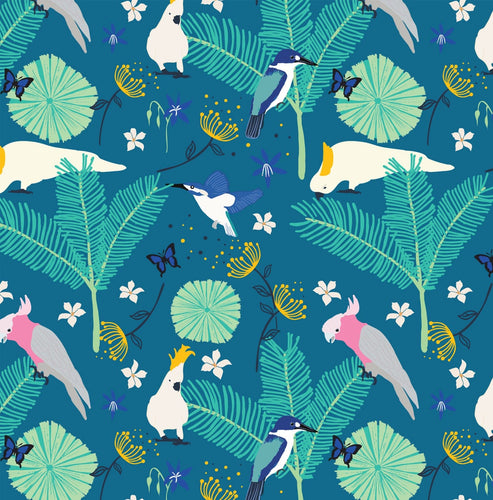 Australiana Fabrics Fabric 1 Metre / Premium woven cotton sateen 150gsm Australian Birds: Cockatoos, Kingfishers and Galahs Fabric