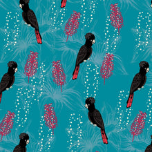 Load image into Gallery viewer, Australiana Fabrics Fabric 1 Metre / Premium woven cotton sateen 150gsm Black cockatoo Fabric on Blue
