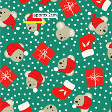 Load image into Gallery viewer, Australiana Fabrics Fabric 1 Metre / Premium woven cotton sateen 150gsm Christmas Koalas &amp; Presents Green - Australian made
