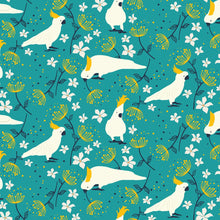 Load image into Gallery viewer, Australiana Fabrics Fabric 1 Metre / Premium woven cotton sateen 150gsm Cockatoo fabric Aqua ~ Australian made
