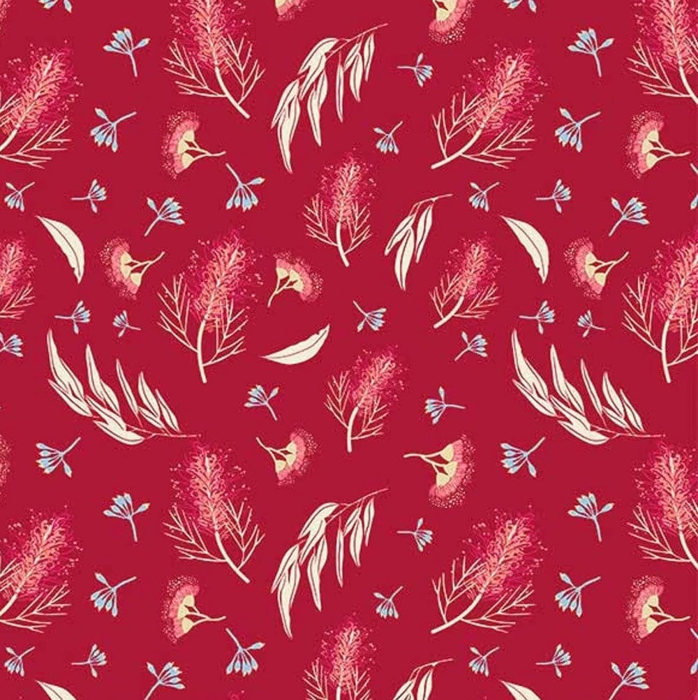 Australiana Fabrics Fabric 1 Metre / Premium woven cotton sateen 150gsm Grevillea & Gumnuts on Red