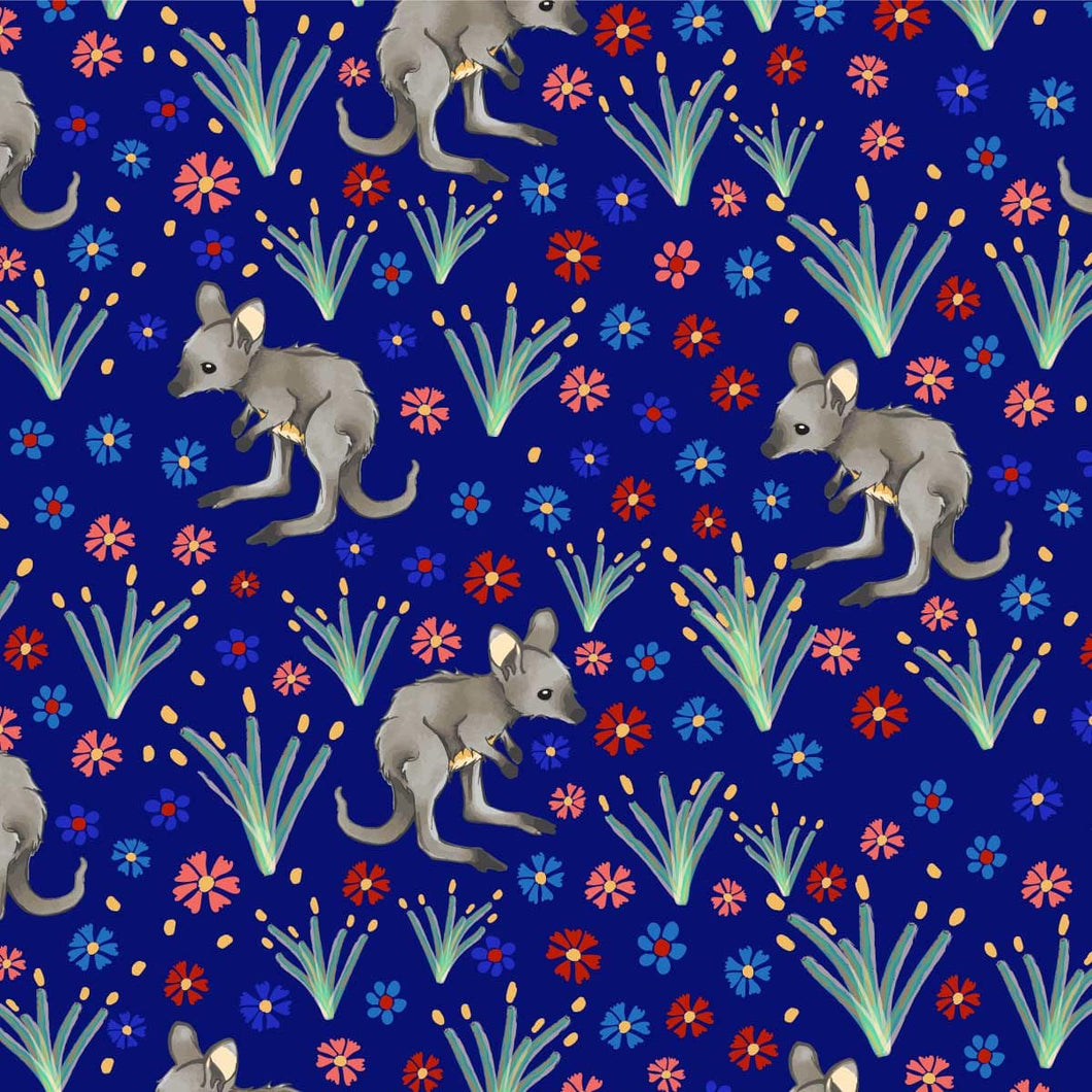 Australiana Fabrics Fabric 1 Metre / Premium woven cotton sateen 150gsm Joey Kangaroo Garden Fabric Blue