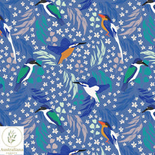 Load image into Gallery viewer, Australiana Fabrics Fabric 1 Metre / Premium Woven Cotton Sateen 150gsm Kingfisher Dance Fabric Blue
