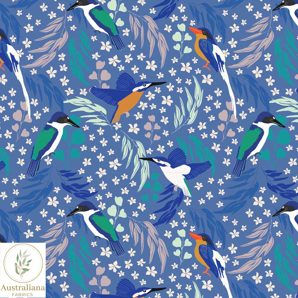 Australiana Fabrics Fabric 1 Metre / Premium Woven Cotton Sateen 150gsm Kingfisher Dance Fabric Blue