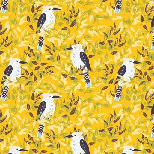 Australiana Fabrics Fabric 1 Metre / Premium woven cotton sateen 150gsm Kookaburra in the Gum Trees Yellow Gold