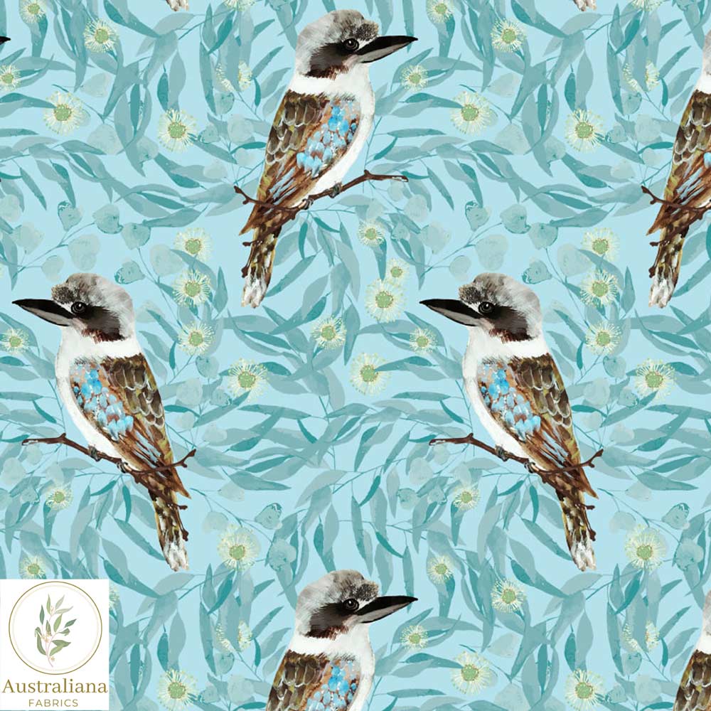 Australiana Fabrics Fabric 1 Metre / Premium woven cotton sateen 150gsm Kookaburras Fabric Blue