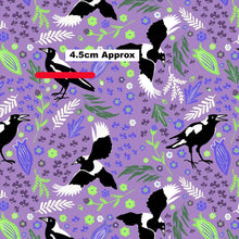 将图片加载到图库查看器，Australiana Fabrics Fabric 1 Metre / Premium woven cotton sateen 150gsm Magpie Folk Story Fabric Lavender
