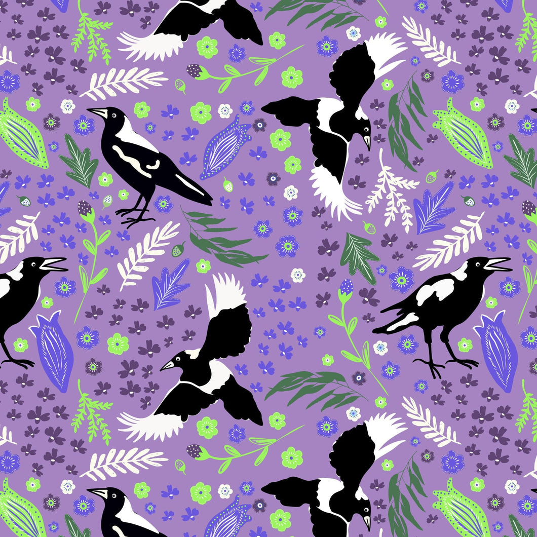 Australiana Fabrics Fabric 1 Metre / Premium woven cotton sateen 150gsm Magpie Folk Story Fabric Lavender