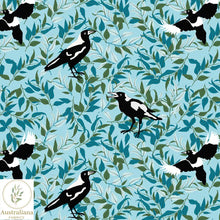 将图片加载到图库查看器，Australiana Fabrics Fabric 1 Metre / Premium woven cotton sateen 150gsm Magpies in the Bush Blue
