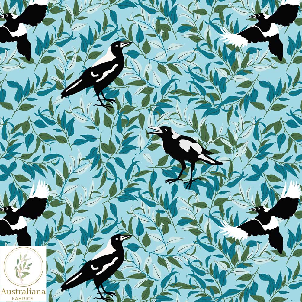 Australiana Fabrics Fabric 1 Metre / Premium woven cotton sateen 150gsm Magpies in the Bush Blue