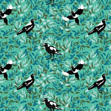 Load image into Gallery viewer, Australiana Fabrics Fabric 1 Metre / Premium woven cotton sateen 150gsm Magpies in the Bush Green
