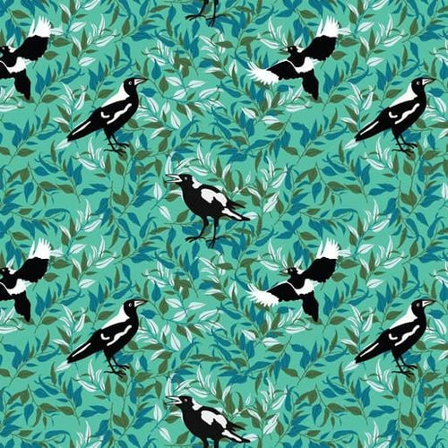 Australiana Fabrics Fabric 1 Metre / Premium woven cotton sateen 150gsm Magpies in the Bush Green