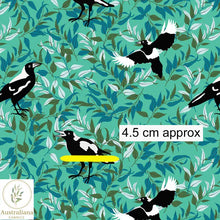 Load image into Gallery viewer, Australiana Fabrics Fabric 1 Metre / Premium woven cotton sateen 150gsm Magpies in the Bush Green
