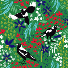 Load image into Gallery viewer, Australiana Fabrics Fabric 1 Metre / Premium woven cotton Sateen 150gsm Merry Magpie on Green
