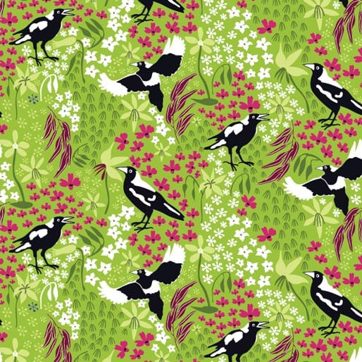 Australiana Fabrics Fabric 1 Metre / Premium woven cotton sateen 150gsm Merry Magpies Fabric on Lime