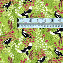 将图片加载到图库查看器，Australiana Fabrics Fabric 1 Metre / Premium woven cotton sateen 150gsm Merry Magpies Fabric on Lime
