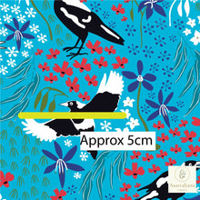 Load image into Gallery viewer, Australiana Fabrics Fabric 1 Metre / Premium woven cotton Sateen 150gsm Merry Magpies Sky Blue
