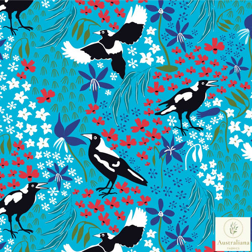 Australiana Fabrics Fabric 1 Metre / Premium woven cotton Sateen 150gsm Merry Magpies Sky Blue