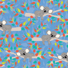 Load image into Gallery viewer, Australiana Fabrics Fabric 1 Metre / Premium woven cotton sateen 150gsm Sleeping Koala Fabric on Blue
