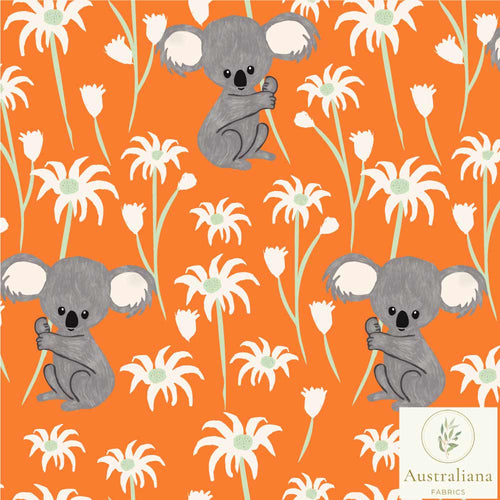 Australiana Fabrics Fabric 1 Metre / Premium woven cotton sateen 150gsm Sweet Koala on Orange~ Australian made