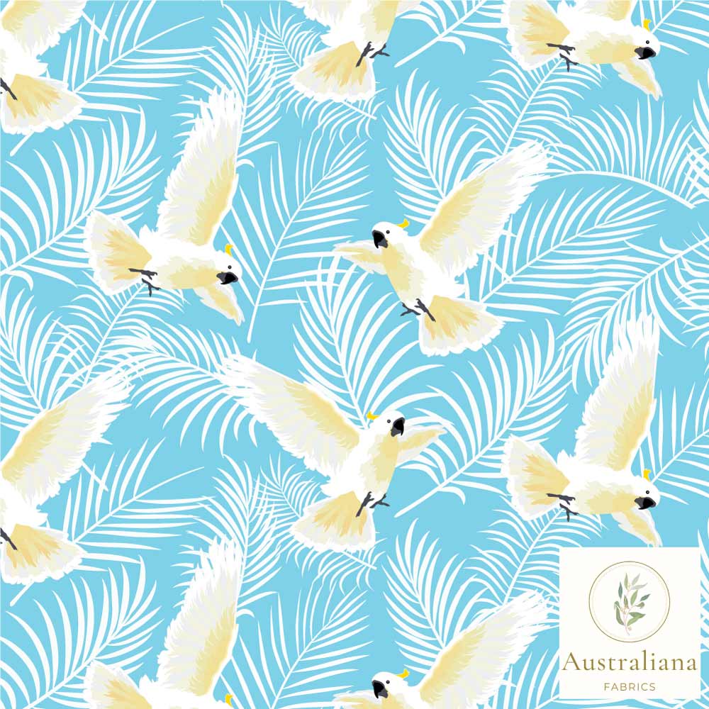 Australiana Fabrics Fabric 1 Metre / Premium Woven Cotton Sateen 150gsm Tropical Cockatoo fabric Blue