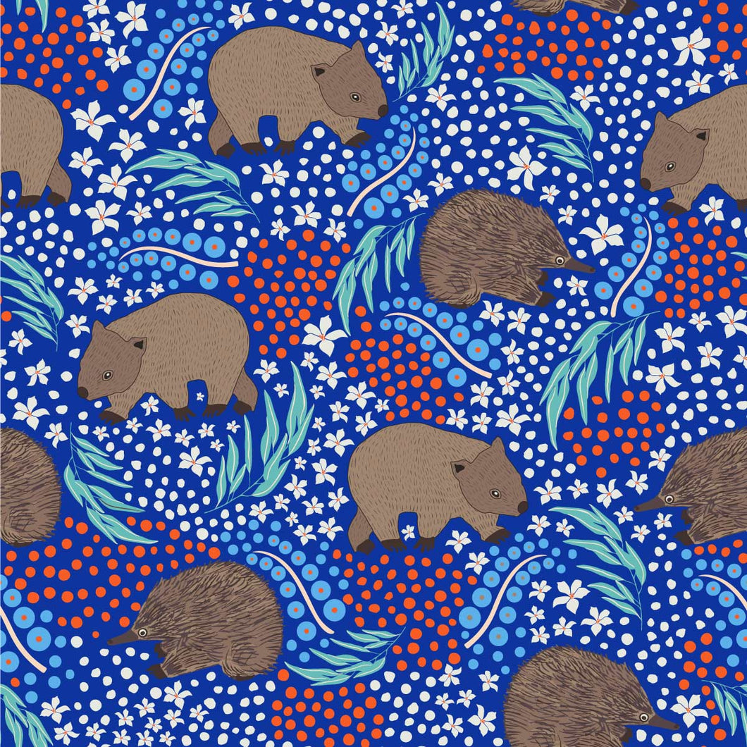 Australiana Fabrics Fabric 1 Metre / Premium woven cotton sateen 150gsm Wombat & Echidna Blue
