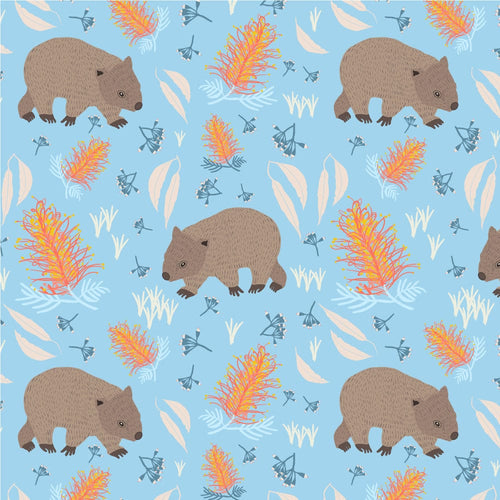 Australiana Fabrics Fabric 1 Metre / Premium woven cotton sateen 150gsm Wombat Walt Fabric Blue