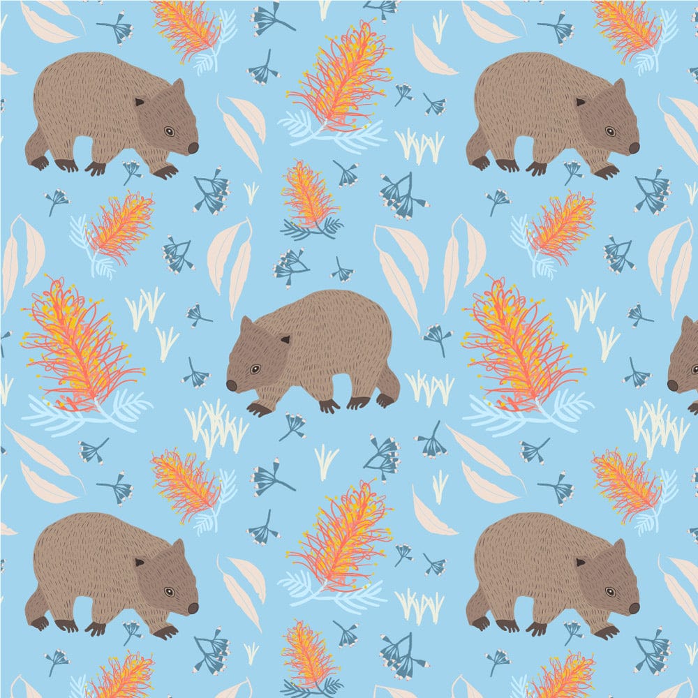 Australiana Fabrics Fabric 1 Metre / Premium woven cotton sateen 150gsm Wombat Walt Fabric Blue