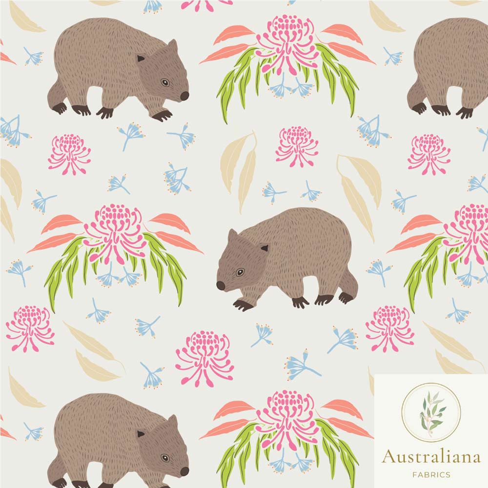 Australiana Fabrics Fabric 1 Metre / Premium woven cotton sateen 150gsm Wombat Waltz Fabric